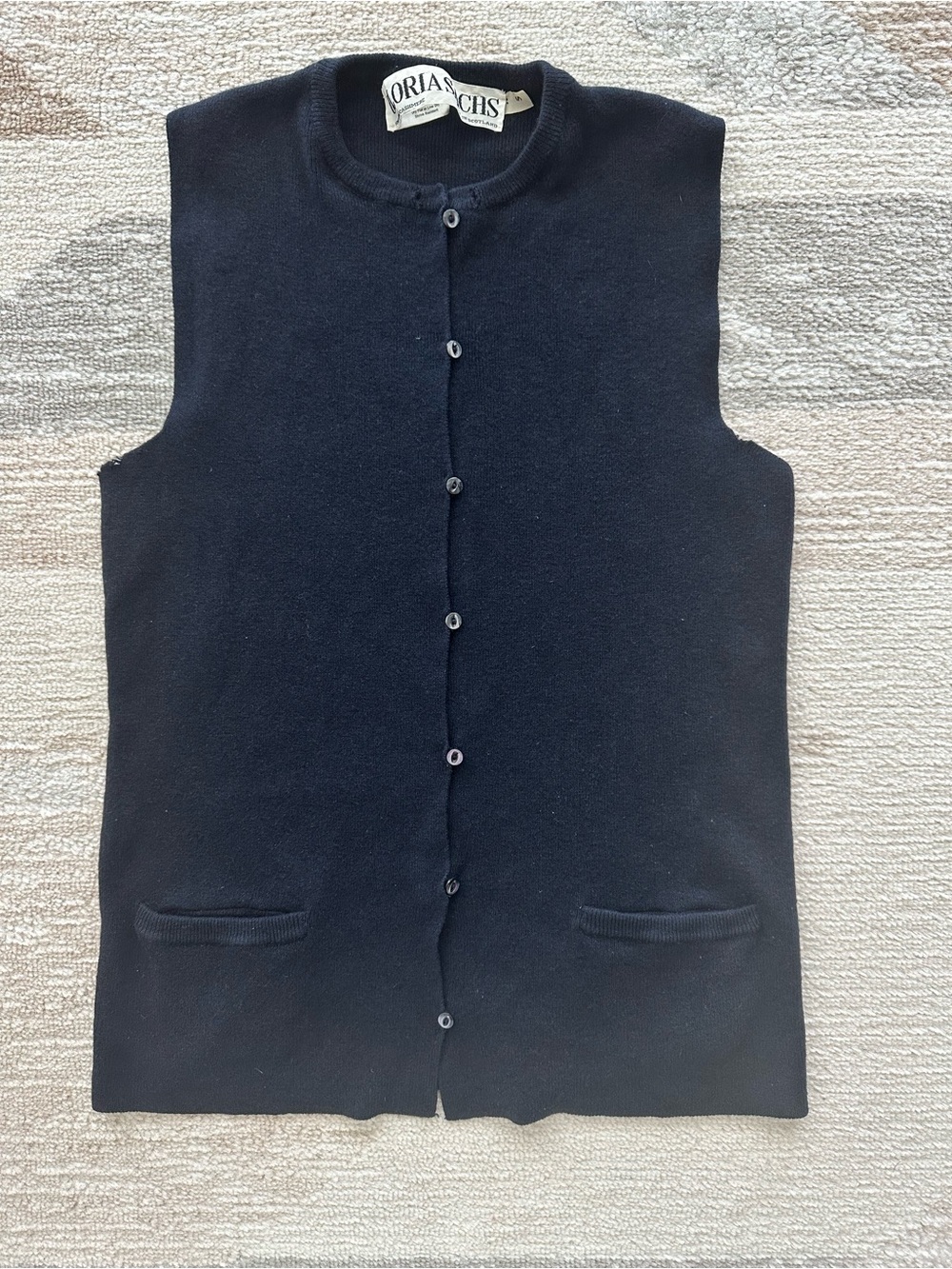 Vintage Gloria Sachs 100% Scottish Cashmere Navy Button Front Cardigan Vest